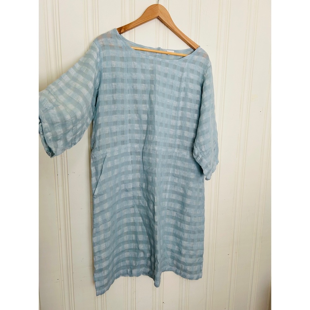 Poetry Light Blue Linen Cotton Check Lagenlook Coastal Dress US 14 UK 18